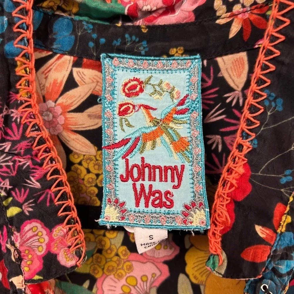 Johnny Was Poppy Floral Button Blouse Long Sleeve Whip Stitch Detail Size Small